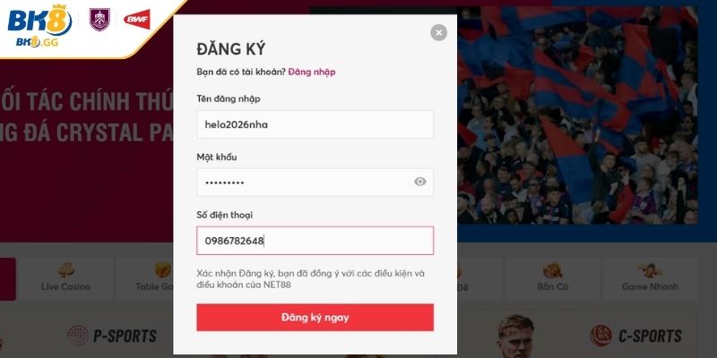 Nhập thông tin đăng ký BK8