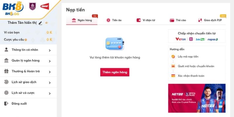 Yêu cầu về nạp tiền BK8